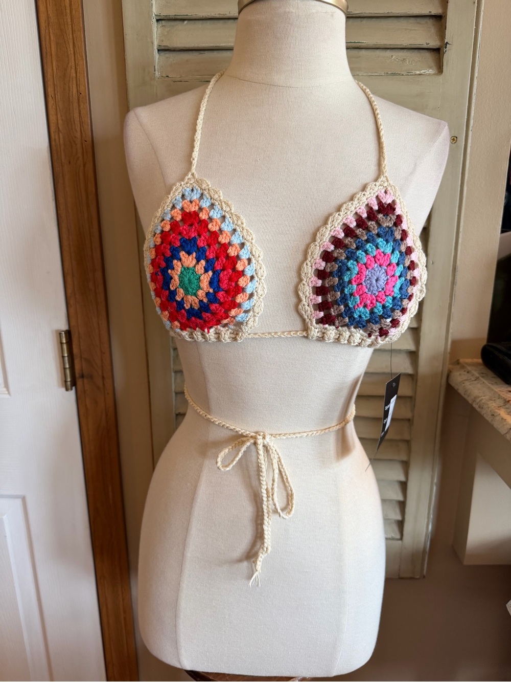 Beautiful Handmade Multicolor Crochet Triangle Bikini Top with Cream Trim